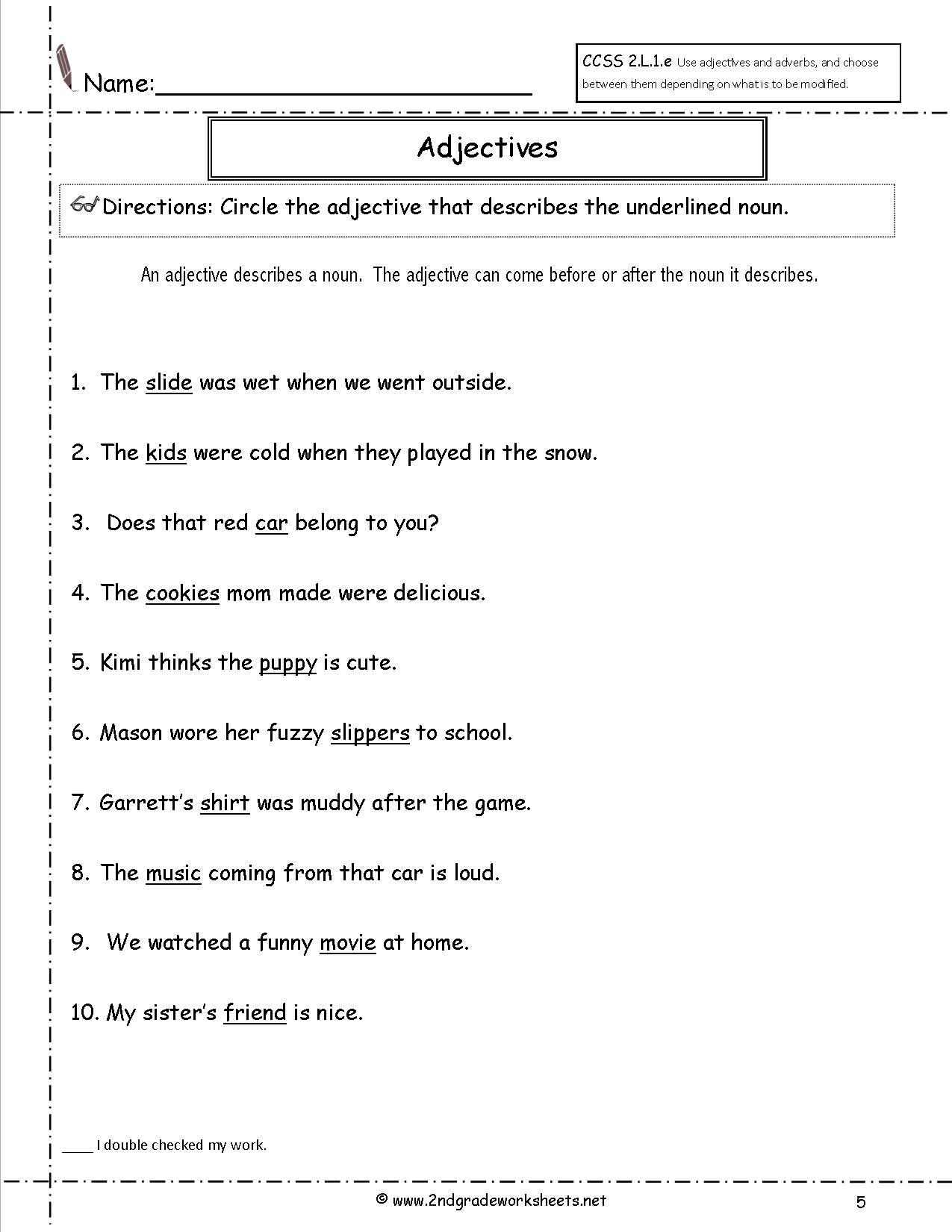 Adjective Underline Worksheet
