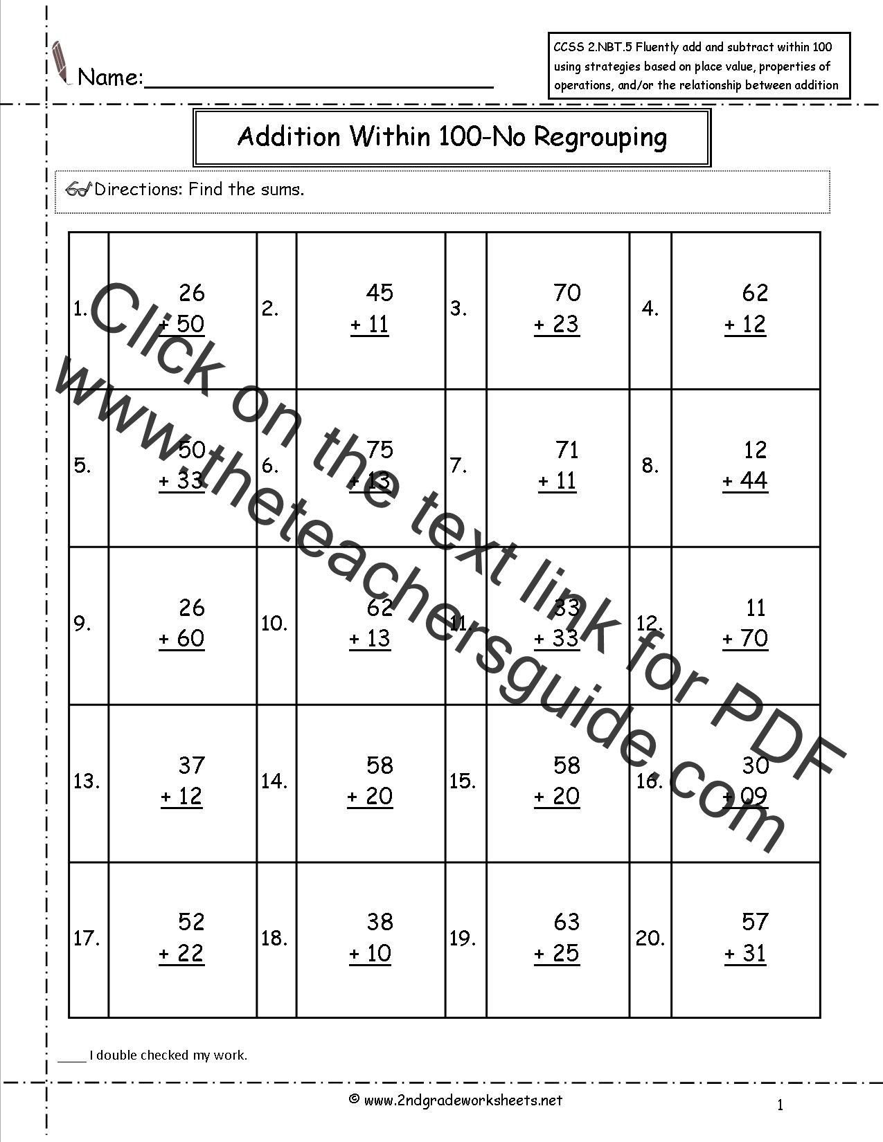 CCSS 2 NBT 5 Worksheets Two Digit Addition And Subtraction Within 100 