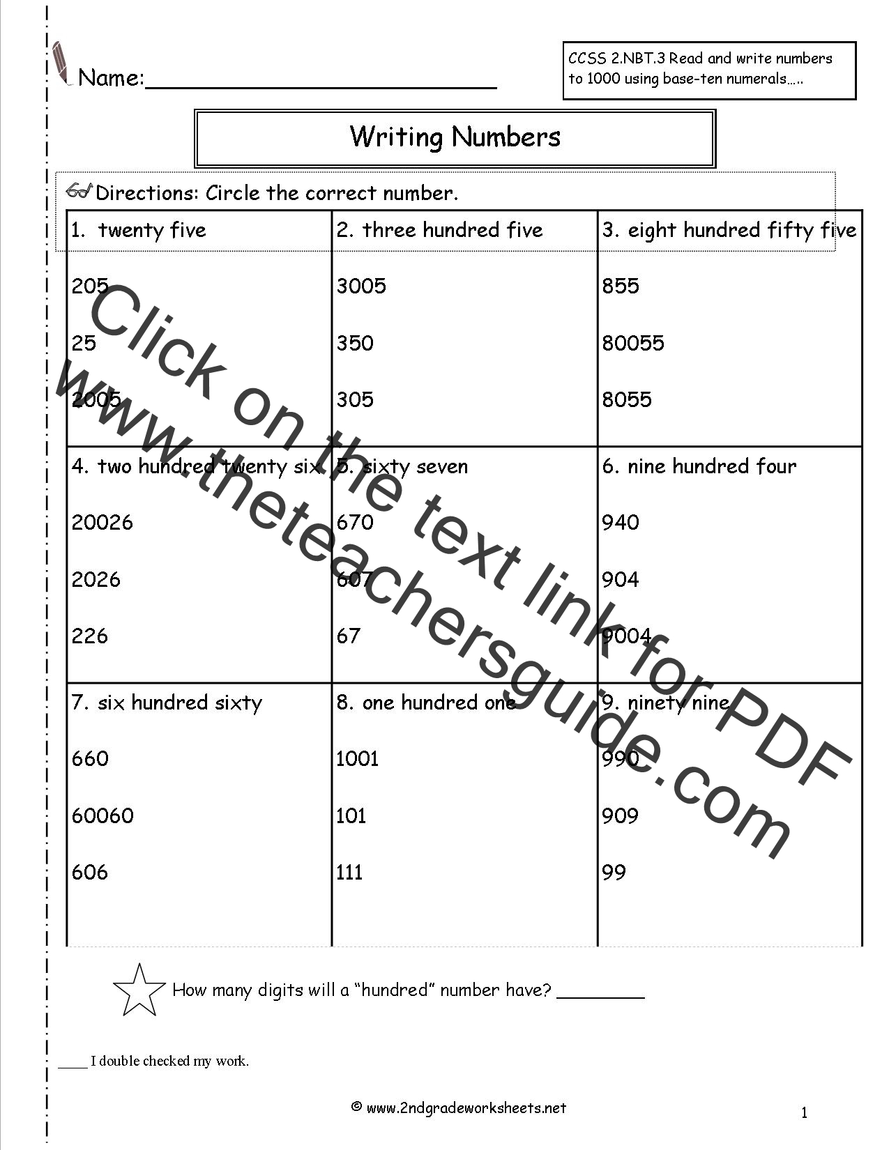 Second Grade Reading And Writing Numbers To 1000 Worksheets