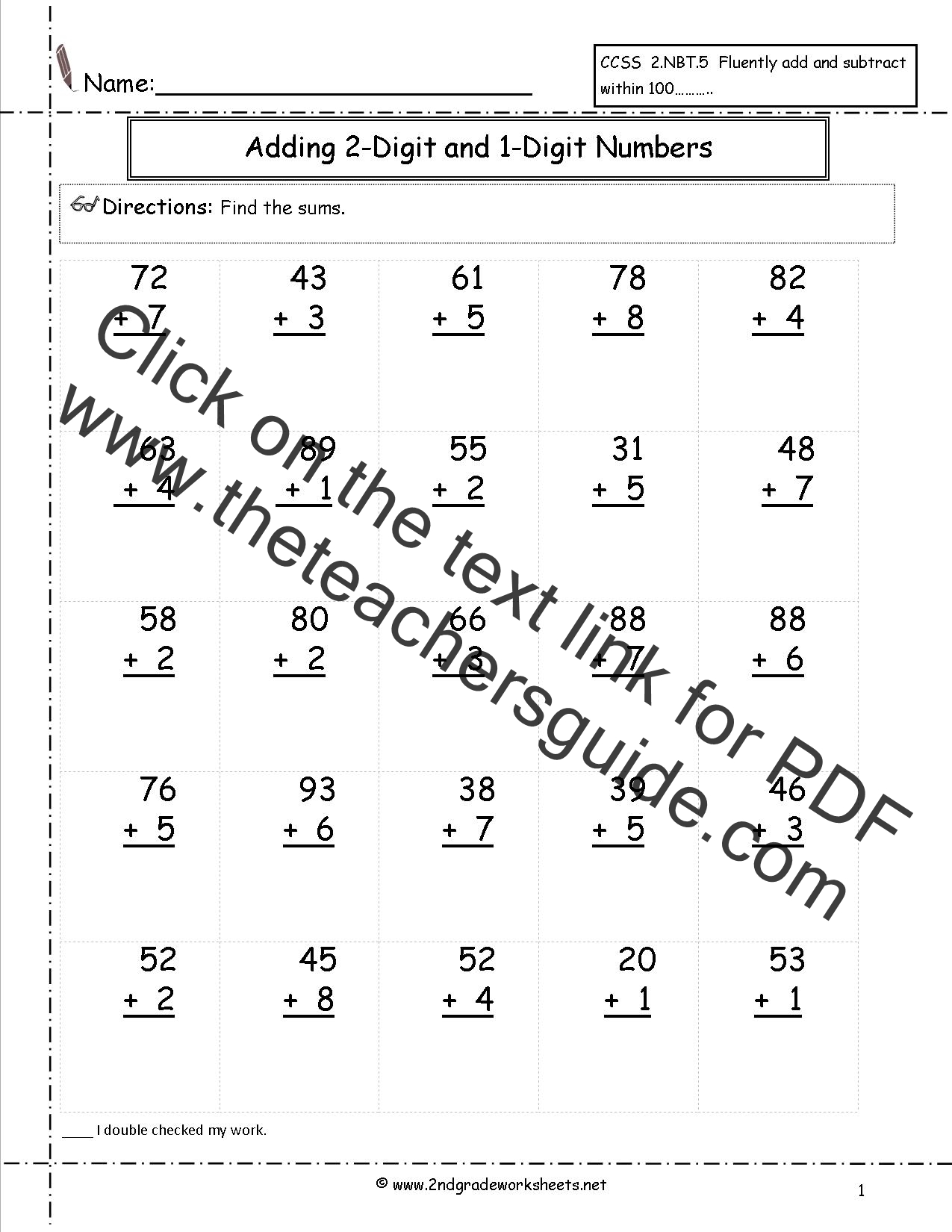 Adding Two Digit And One Digit Numbers 2nd Grade Math Worksheets Free Math Worksheets Math