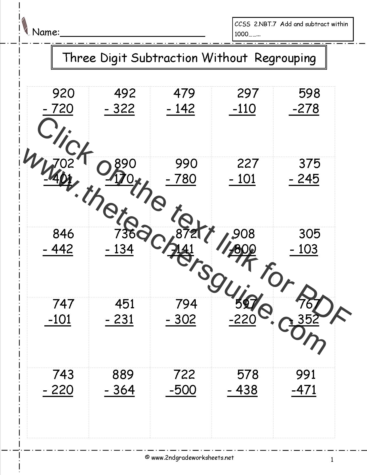 Three Digit Subtraction Worksheets