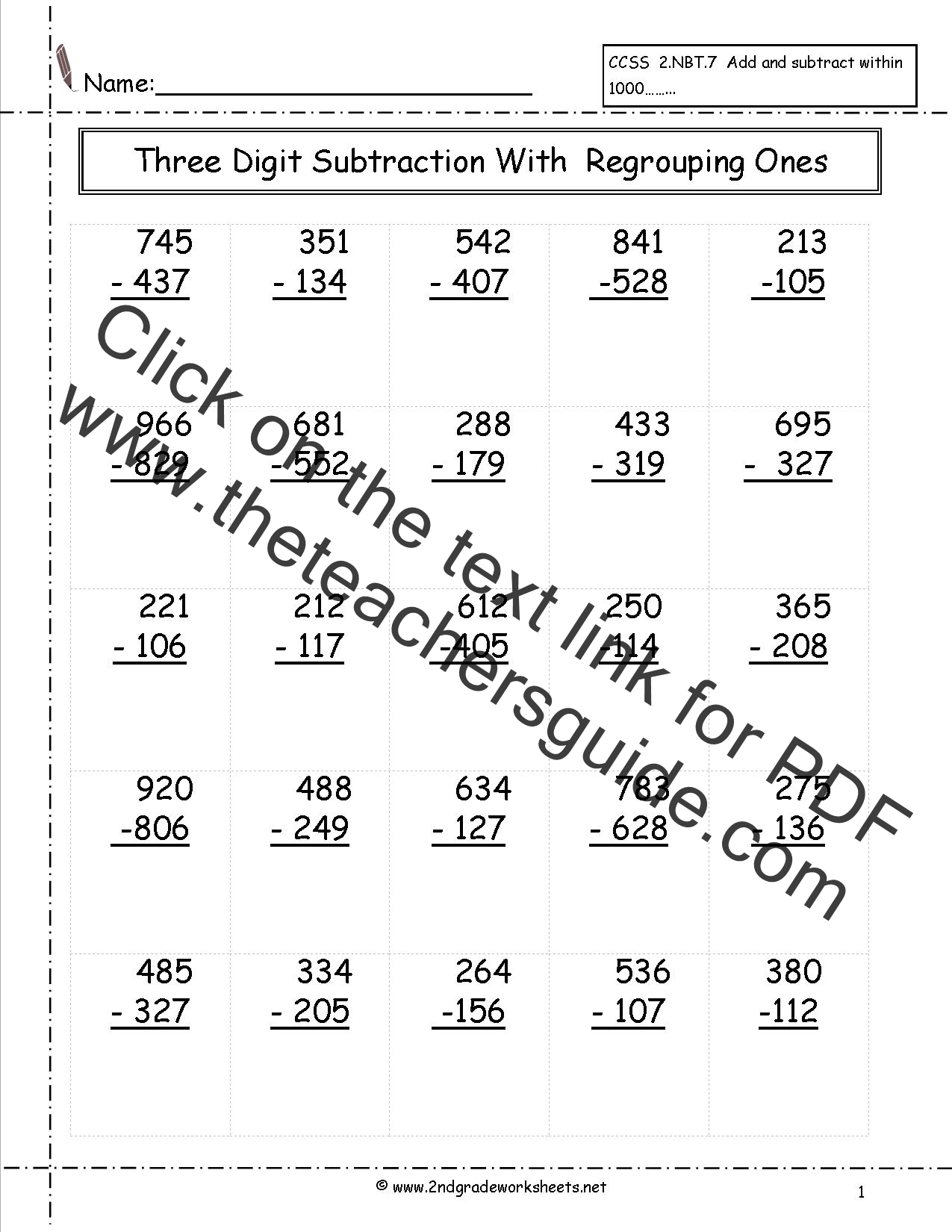 Three Digit Subtraction Worksheets