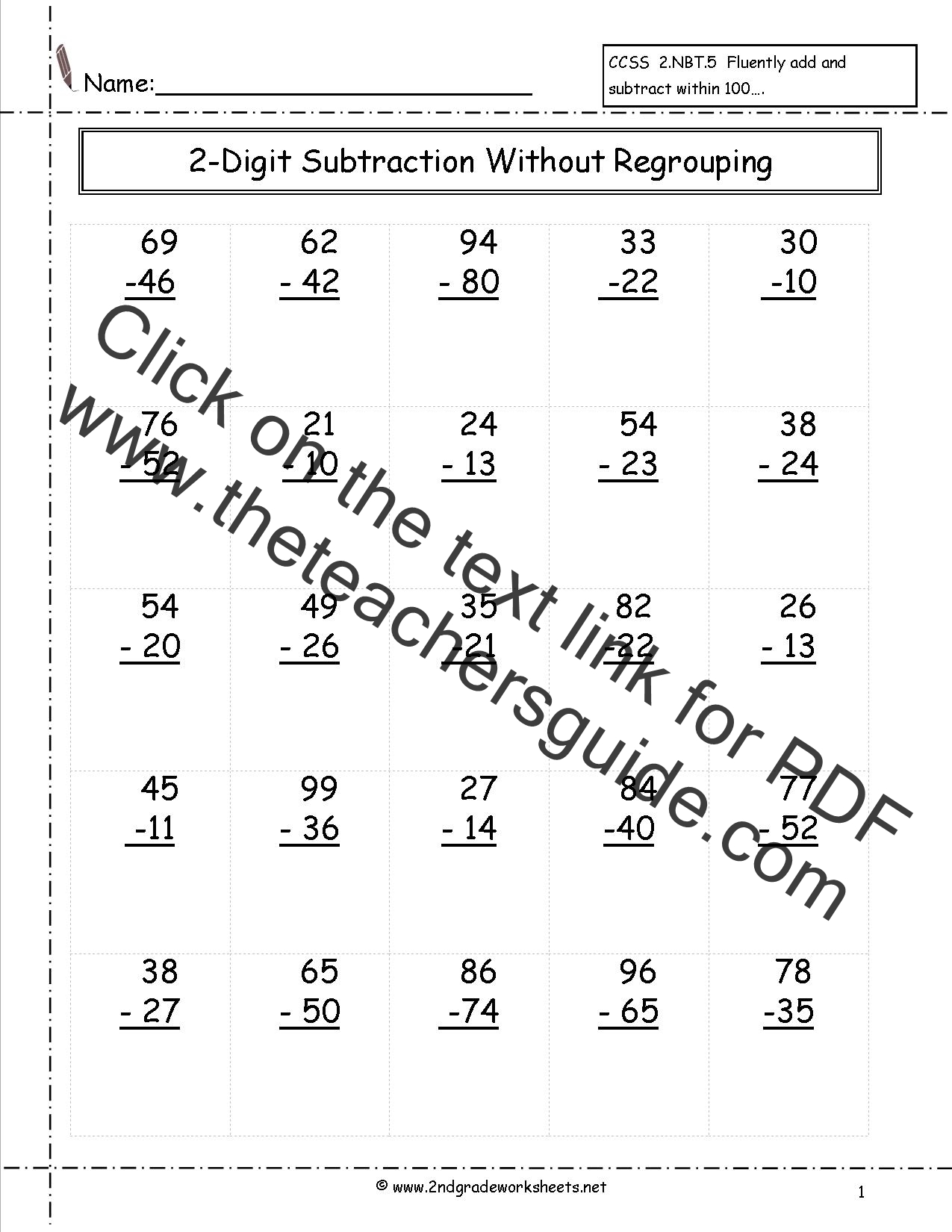 Two Digit Subtraction Worksheets